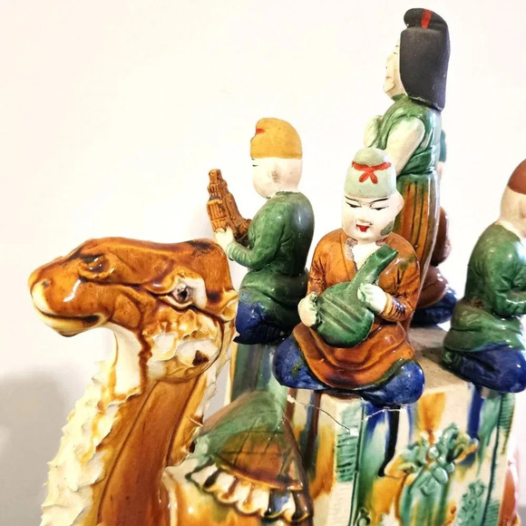 Vtg Chinese Glazed Tang Dynasty Style Pottery Sancai Camel With Musicians 14" - Picture 3 of 12